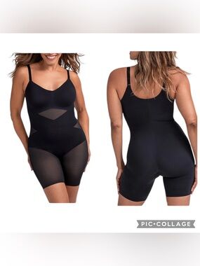 Honeylove Mid-Thigh Black V-Neck Sculpting Compression Bodysuit Size Large